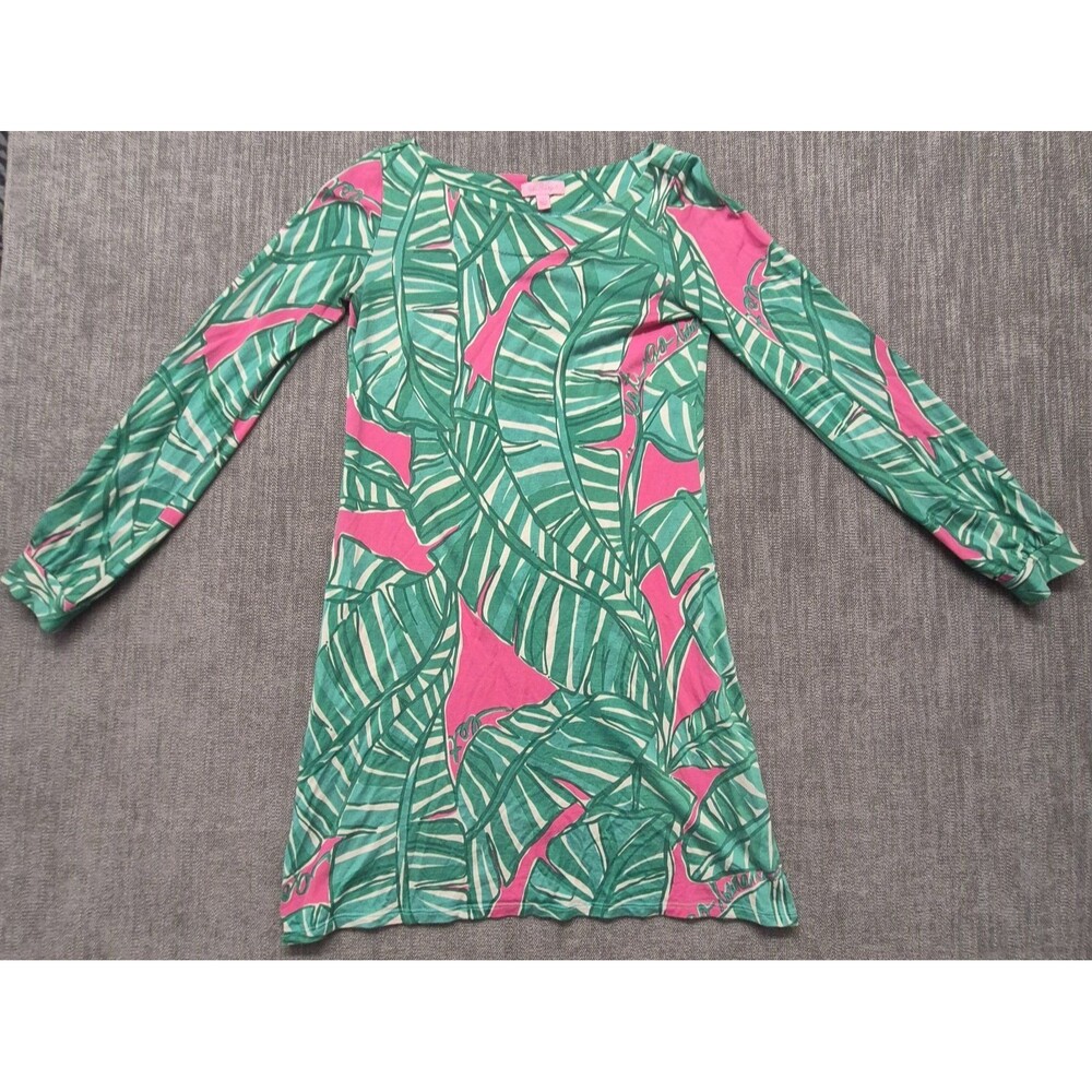 Lilly Pulitzer Tropical Print Tunic Dress Green Pink Long Sleeves SM Silk Blend